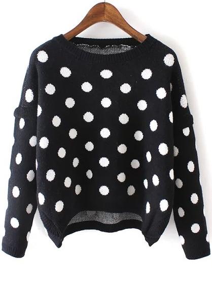 Romwe High Low Polka Dot Black Sweater