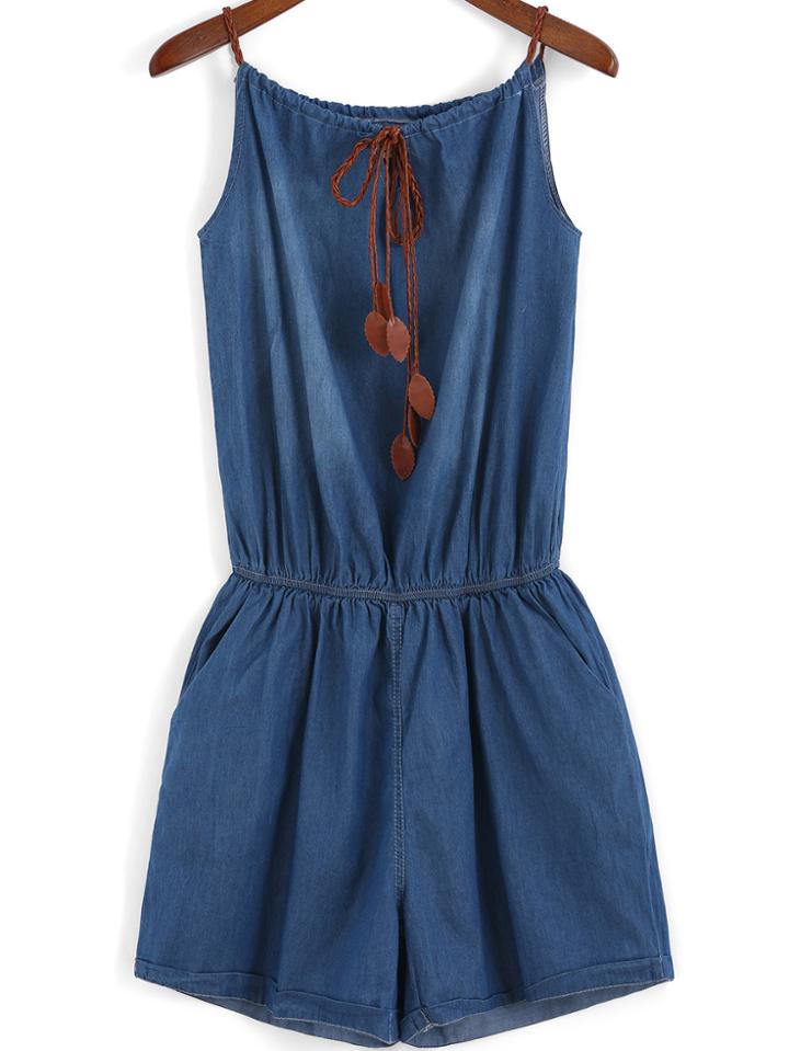 Romwe Navy Spaghetti Strap Knotted Denim Jumpsuit