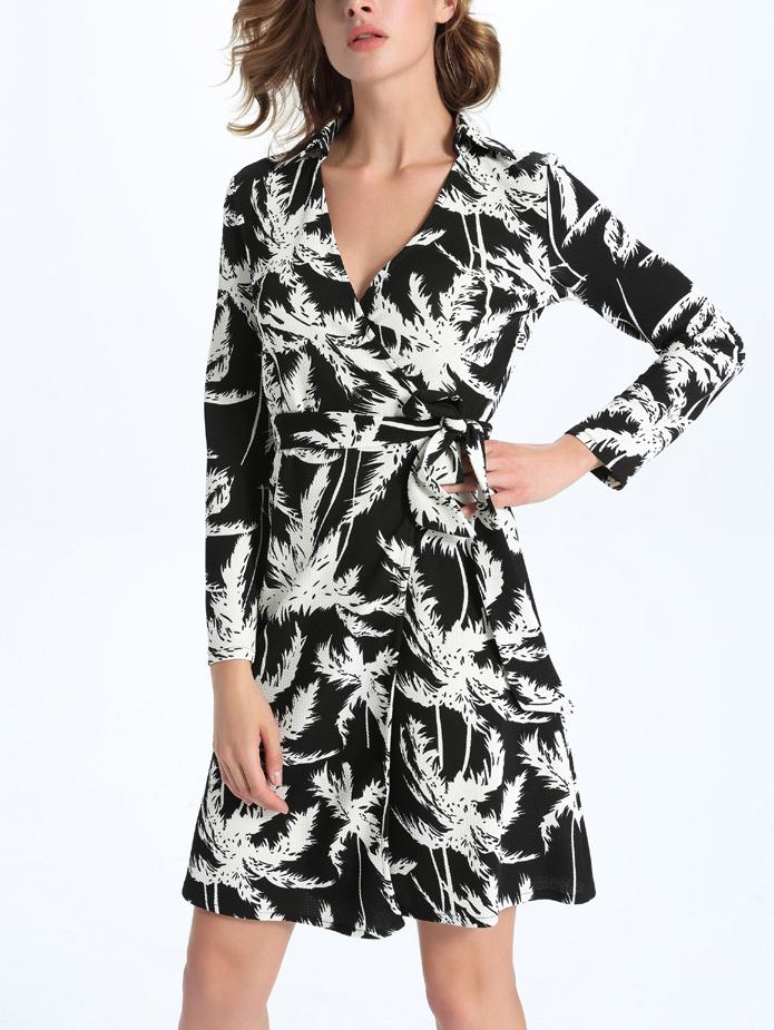Romwe Black Printed Surplice Front Wrap Dress