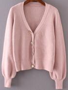 Romwe Pink Puff Sleeve Cardigan With Pearl Button