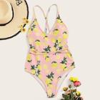 Romwe Lemon Print Criss Cross One Piece Swimwear