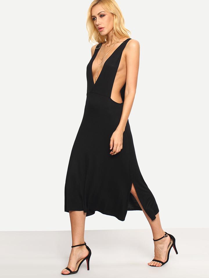 Romwe Black Deep V Neck Split Side Dress