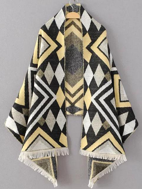 Romwe Yellow Geometric Pattern Fringe Hem Scarf