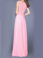 Romwe Pink Round Neck Sheer Lace Pleated Dress