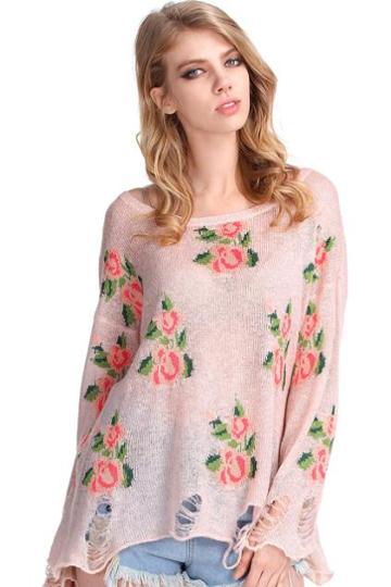 Romwe Floral Printed Pink Irregular Sweater