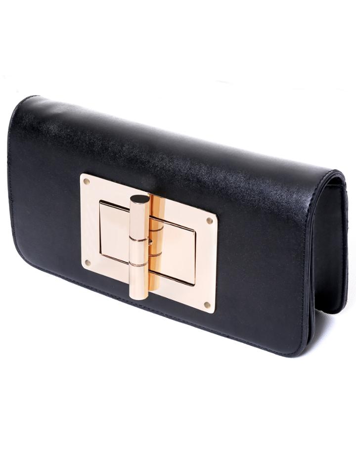 Romwe Black Metal Buckle Pu Clutches Bag