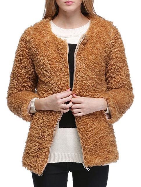 Romwe Round Neck Zipper Camel Coat