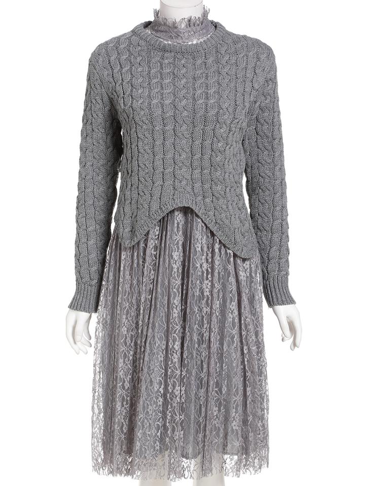 Romwe Cable Knit Crop Grey Sweater With Lace Dress
