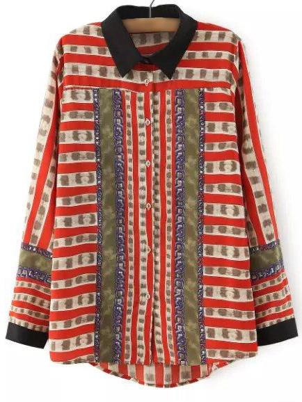 Romwe Red Long Sleeve Buttons Front Print Blouse