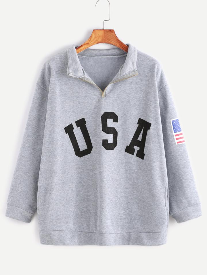 Romwe Heather Grey Usa Print Zip Detail Pocket Sweatshirt