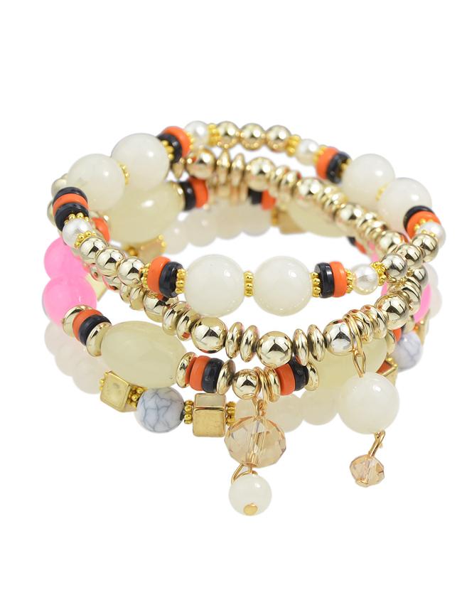Romwe Multilayers Elastic Beige Beads Bracelet For Women