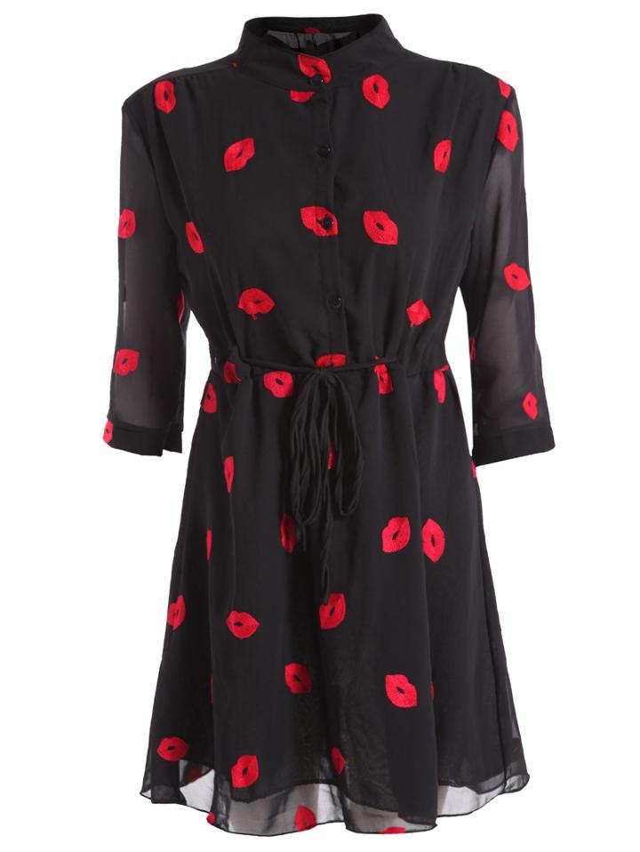 Romwe Stand Collar Lips Print Shirt Dress