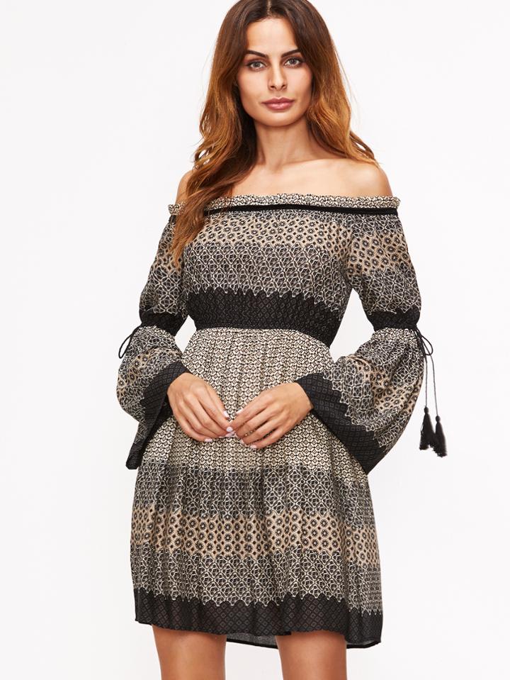 Romwe Black Printed Off The Shoulder Fringe Detail Dress