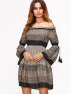 Romwe Black Printed Off The Shoulder Fringe Detail Dress