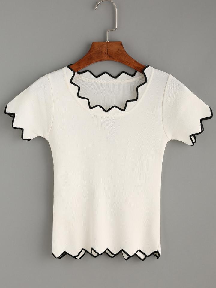 Romwe Contrast Scalloped Trim White T-shirt
