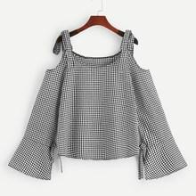 Romwe Plaid Print Cold Shoulder Flounce Sleeve Blouse