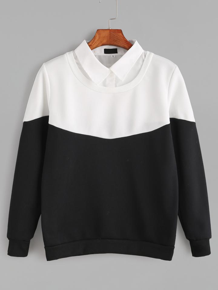 Romwe Black White Shirt Collar 2 In 1 Sweatshirt