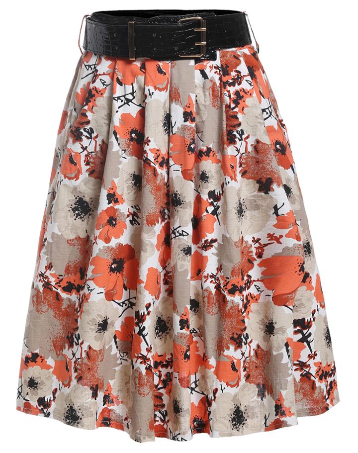 Romwe With Belt Florals Orange Skirt