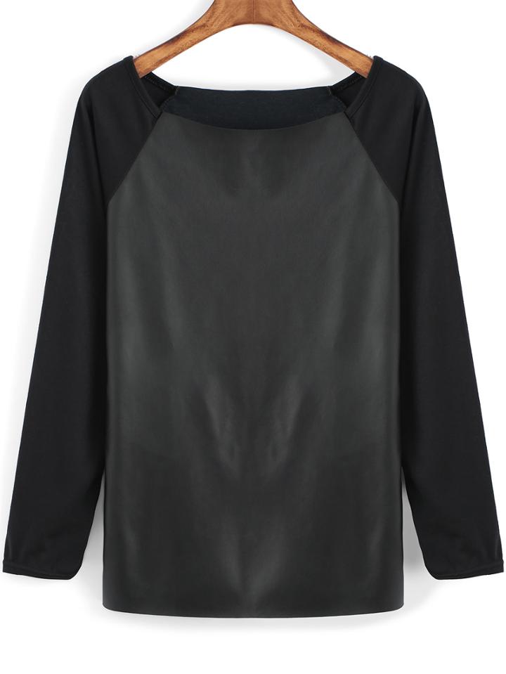 Romwe Contrast Pu Leather Round Neck Blouse