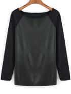 Romwe Contrast Pu Leather Round Neck Blouse