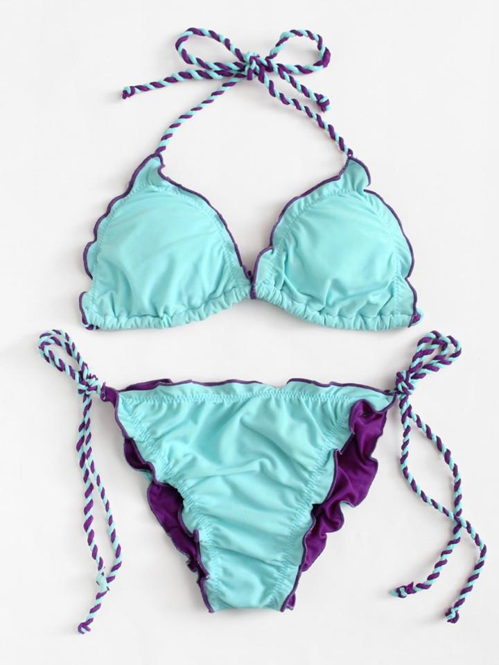 Romwe Lettuce Trim Bikini Set