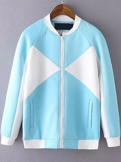 Romwe Stand Collar Edge Pockets Zipper Blue Jacket