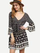 Romwe Black Pattern Print Double V Neck Dress
