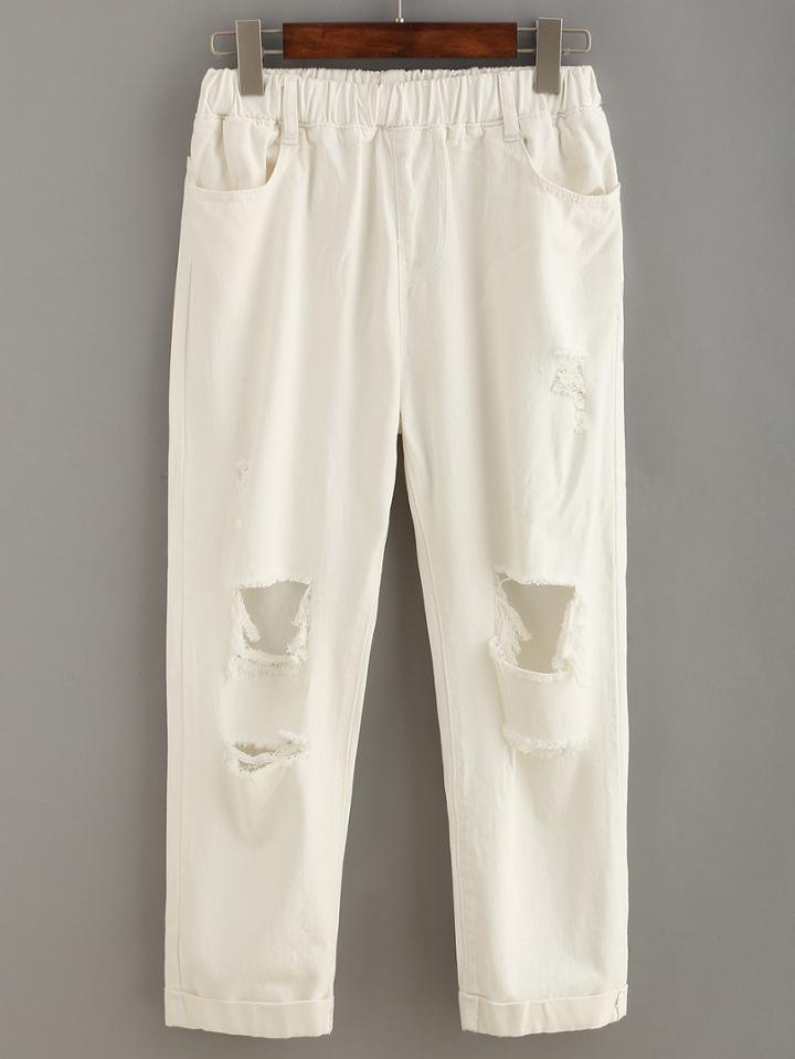 Romwe Distressed Elastic Waist White Ankle Jeans