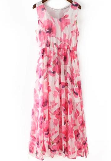 Romwe Round Neck Florals Chiffon Red Dress
