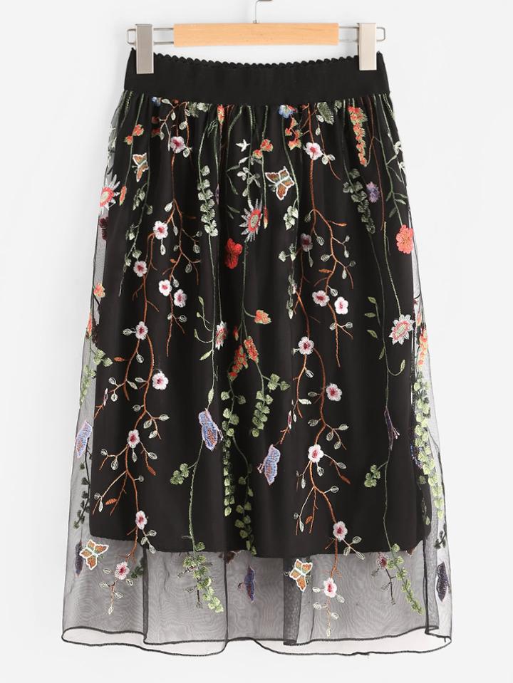 Romwe All Over Flower Embroidered Mesh Overlay Skirt