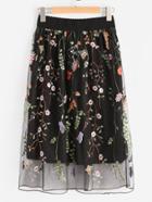Romwe All Over Flower Embroidered Mesh Overlay Skirt