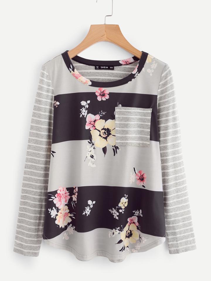 Romwe Mixed Print Curved Hem Top