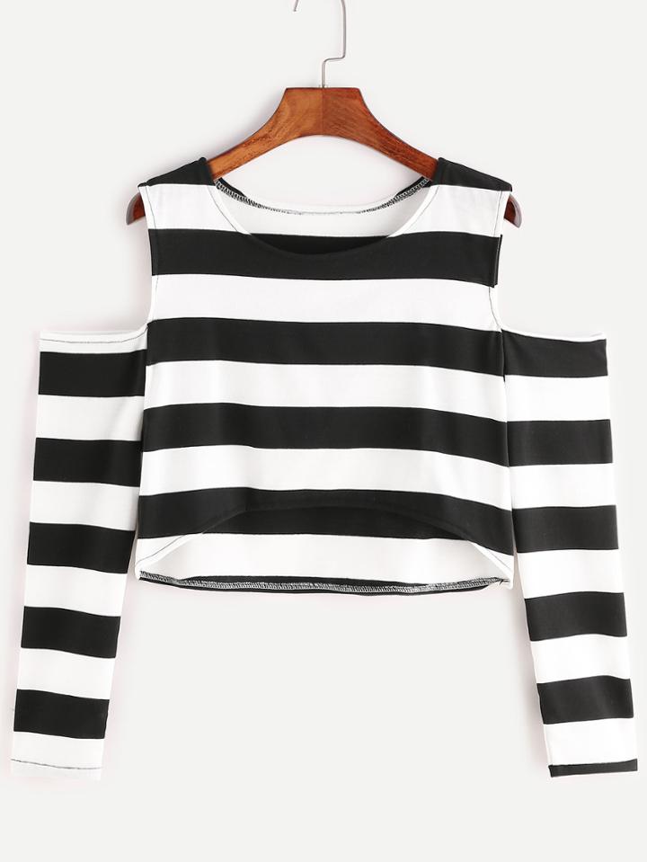 Romwe Black And White Striped Cold Shoulder High Low T-shirt