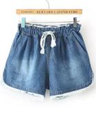 Romwe Blue Drawstring Bleached Contrast Lace Denim Shorts