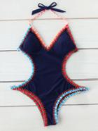 Romwe Crochet Trim Self Tie Back Halter Monokini