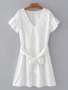 Romwe Pearls Embellished Frill Trim Dress With Self Tie