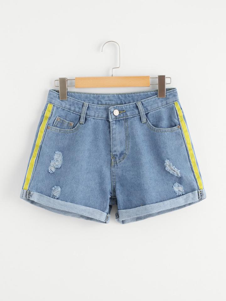 Romwe Tape Side Ripped Denim Shorts