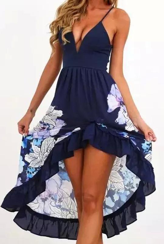 Romwe Deep V Neck Florals Asymmetrical Navy Dress