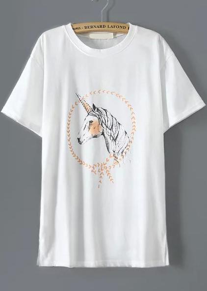 Romwe Side Split Horse Print White T-shirt
