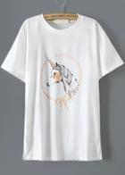 Romwe Side Split Horse Print White T-shirt