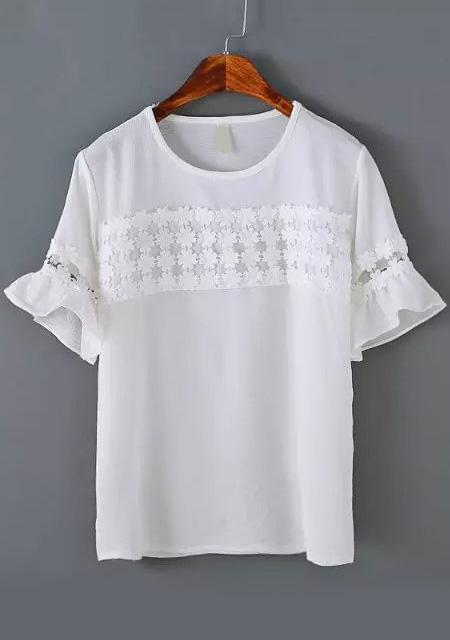 Romwe Contrast Lace Butterfly Sleeve White Top