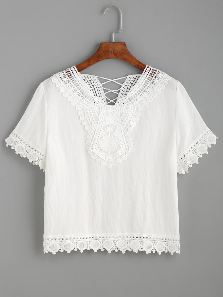 Romwe White Contrast Lace Crochet Lattice Back Top