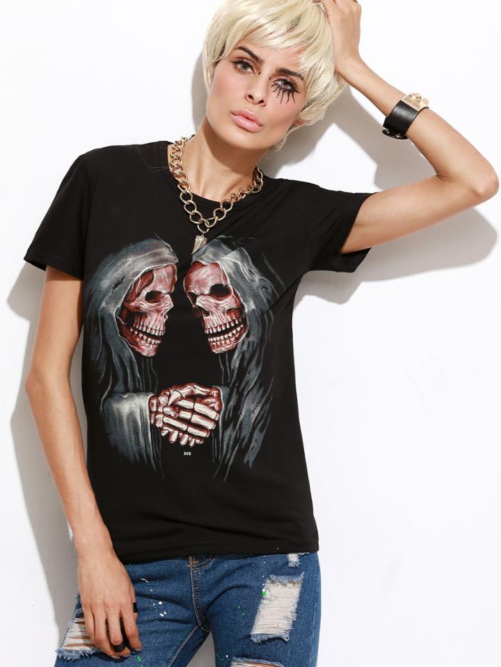 Romwe Black Skull Print Boyfriend T-shirt