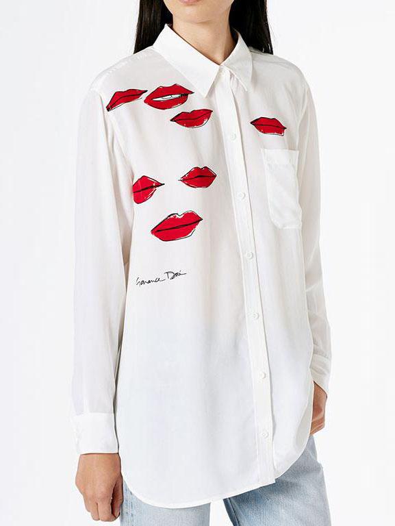 Romwe Lapel Lips Print Blouse