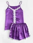 Romwe Lace Trim Satin Top & Shorts