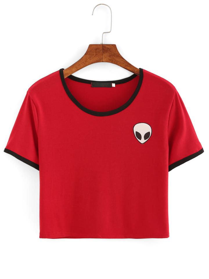 Romwe Red Crew Neck Alien Print Crop T-shirt
