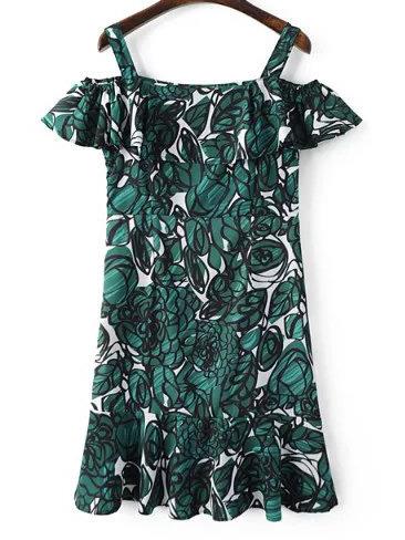 Romwe Multicolor Print Zipper Side Ruffle Strap Dress
