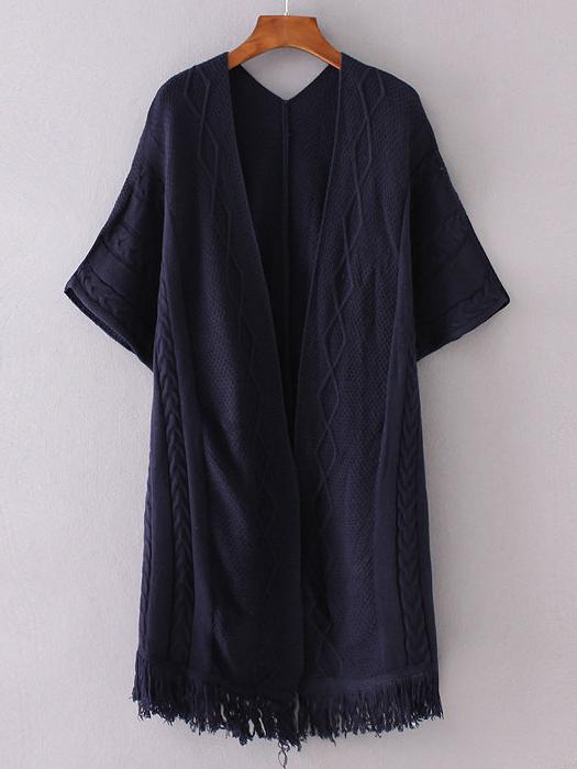 Romwe Navy Drop Shoulder Fringe Hem Diamondback Cardigan