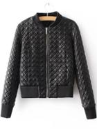 Romwe Black Quilted Zipper Up Pu Jacket