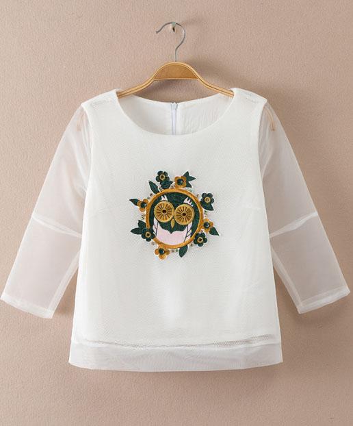 Romwe White Sheer Mesh Embroidered Crop Sweatshirt